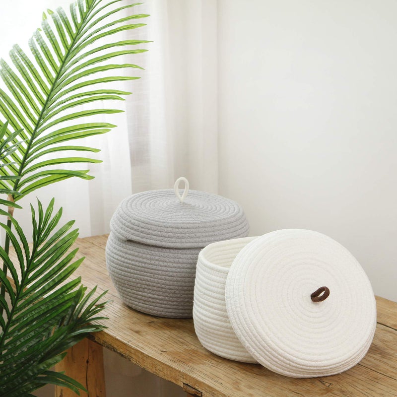 Sea Team Round Cotton Rope Storage Basket with Lid  Decorative Woven Storage Bin  Pot  Caddy  Organizer  Container for Snacks  Towels  Plants  10 x 7.5 Inches (Small  Grey) - Image 3